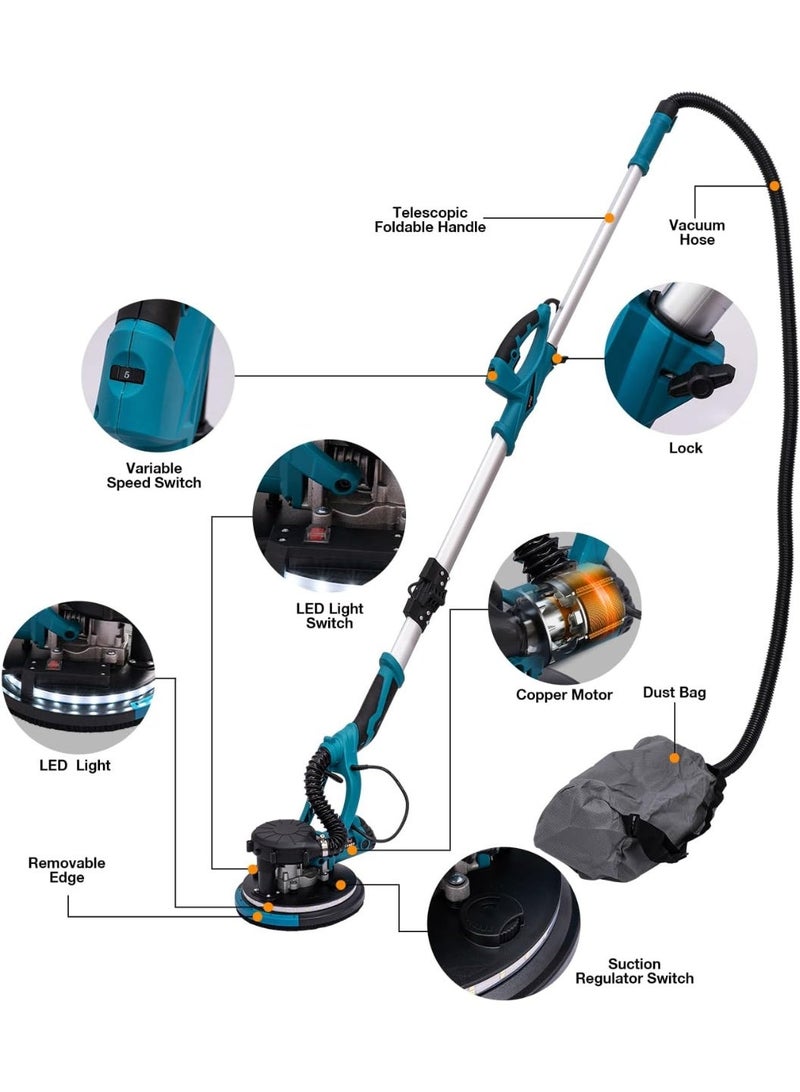TUOTUO upgraded foldable sander with vacuum cleaner, 1980W sanding tools, 6-speed variable speed (1100-2700 RPM), plasterboard sander, telescopic handle, LED light, 20 sandpaper pads. - Image 2